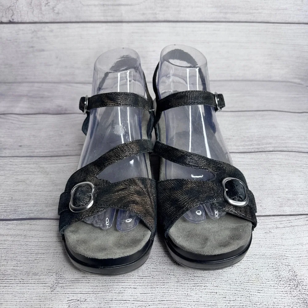 Dansko Womens 41 Black Bronze Metallic Leather Wedge Platform Sandals 9842450200